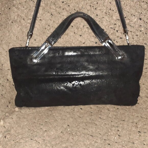 DUE FRATELLI-Vintage-Black Oiled Suede-Paisley Pattern-Hand/Shoulder-Near Mint - Picture 2 of 5